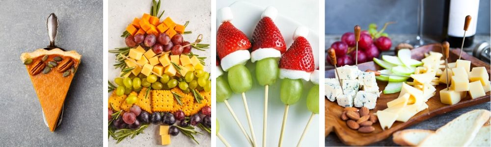 cheese and fruit christmas tree, grinch grapes, pumpkin pie